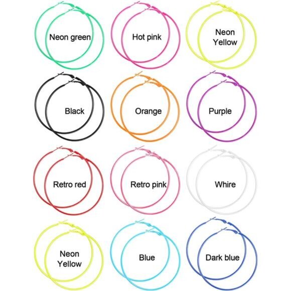 12 Pairs 80s Neon Earrings for Women Retro Colorful Hoop Earrings Pendant - Picture 2 of 7